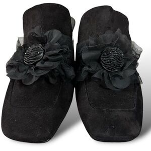 Marc Fisher Black Suede Mules 10 Gothic Tulle Rosette Bow Embellished Edwardian